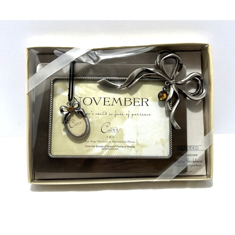 Carr November Birthstone Pewter Bow Picture Photo Frame & Pendant 4x6 Topaz